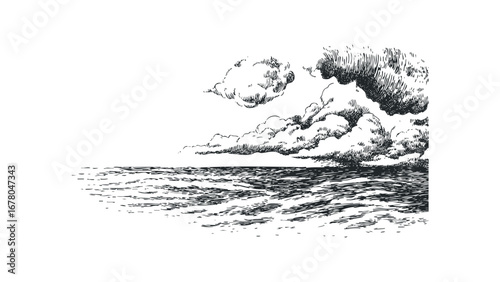 Dramatic Sky Over Choppy Water Sketch. Vector hand drawn illustration