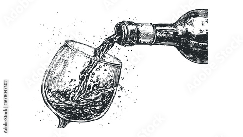 Wine being poured from a bottle into a glass in a sketchy style. Vector hand drawn illustration