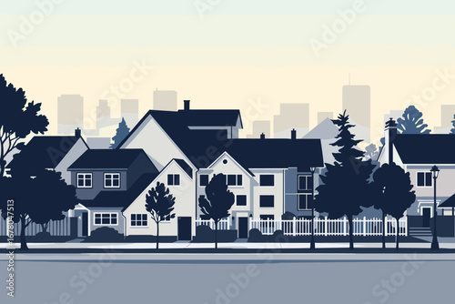 Charming suburban street lined with cozy homes, trees, and distant city skyline, evoking peaceful neighborhood living and urban proximity.