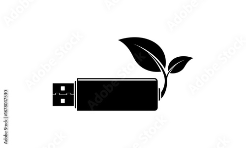 Illustration of a black usb drive with leaves sprouting from the end on a white background design element