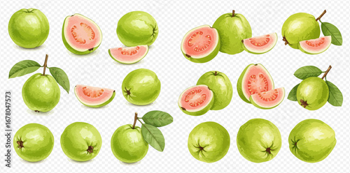 A collection of whole, halved, and sliced green guavas with pink flesh and leaves, isolated on a transparent background.