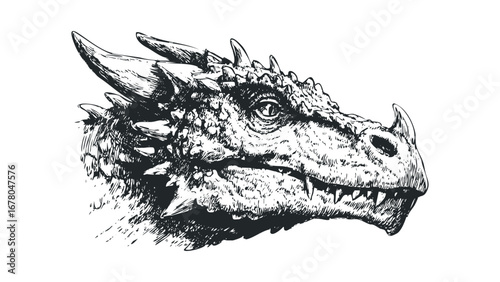 Hand Drawn Dragon Head Profile with Sharp Teeth and Horns. Vector hand drawn illustration