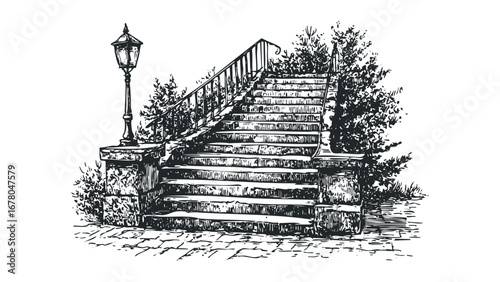 Ornate Stone Staircase with Gas Lamp and Lush Foliage Sketch. Vector hand drawn illustration