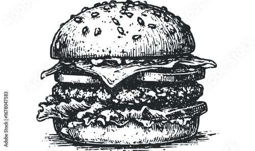 Detailed sketch of a classic hamburger with sesame seed bun. Vector hand drawn illustration