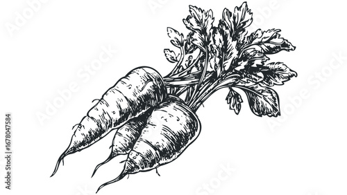 Hand drawn sketch of fresh carrots with green tops on a transparent background. Vector hand drawn illustration