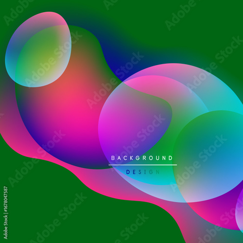 Abstract colorful shapes overlap green backdrop. Vibrant gradients create modern design, smooth transitions visible. Background elements suggest fluidity.