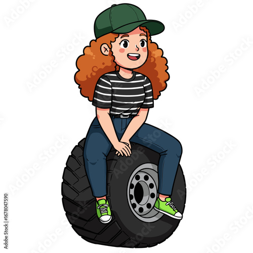 Smiling character with curly red hair sits casually on a rugged black tire, blending chill vibes with industrial edge.