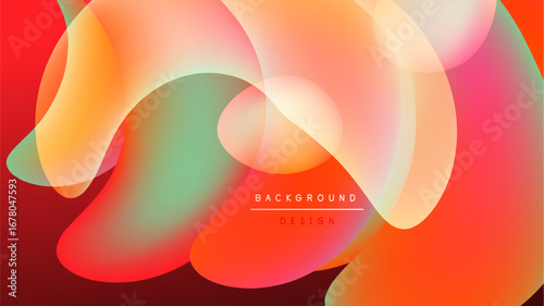 Abstract fluid shapes blend, creating vibrant color gradients. Dynamic composition with translucent layers over dark background.
