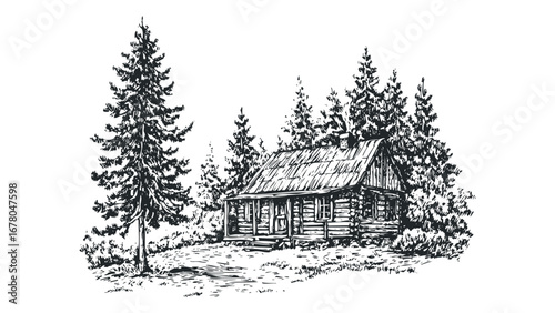 Log cabin nestled among pine trees in a secluded forest setting. Vector hand drawn illustration