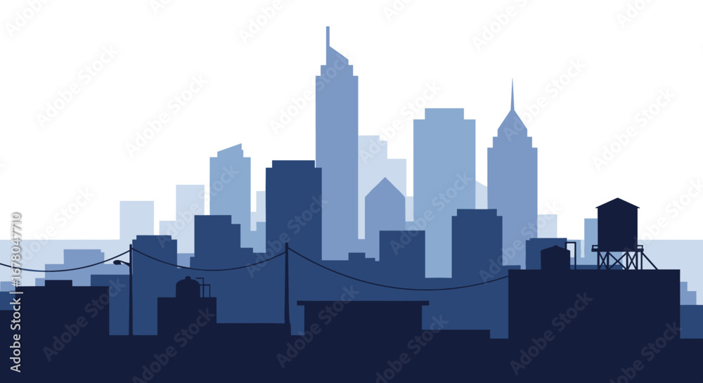 Naklejka premium Stunning modern city skyline silhouette with cool blue tones, evoking urban energy and progress, perfect for business themes.