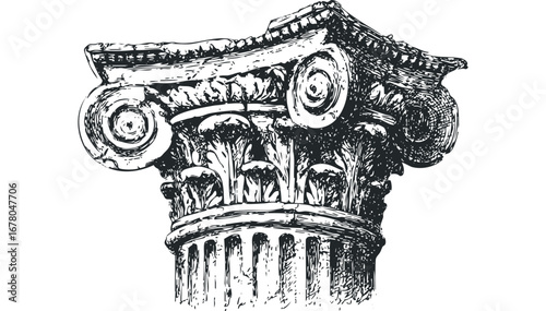 Ornate Corinthian Column Capital Sketch on Transparent Background. Vector hand drawn illustration