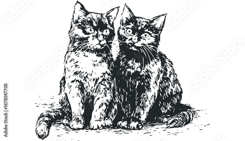 Pencil sketch of two domestic cats sitting together on a white surface.. Vector hand drawn illustration