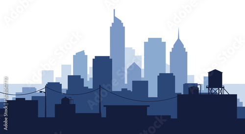 Stunning modern city skyline silhouette with cool blue tones, evoking urban energy and progress, perfect for business themes.