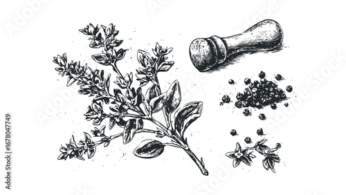 Woodcut style drawing of thyme sprigs with peppercorns and a pestle on a white background. Vector hand drawn illustration