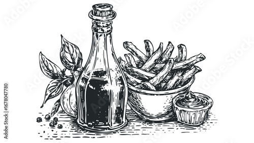 Line art depiction of french fries in a bowl with dipping sauce and ingredients. Vector hand drawn illustration