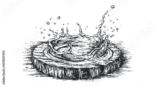 Ink wash drawing of a water splash on a wooden surface. Vector hand drawn illustration