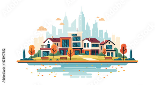 Charming suburban street with modern homes, lush trees, and a serene water feature with a city skyline backdrop, perfect for real estate.