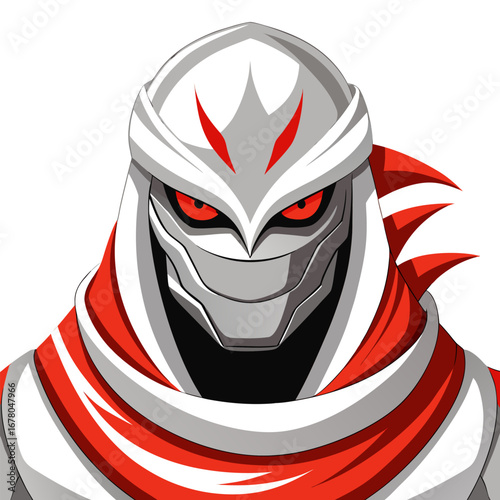 White Desert Warrior Face in Red and Gray Cloth with Glowing Eyes