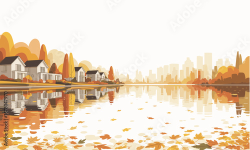 Modern suburban homes line a tranquil lake reflecting vibrant autumn foliage and a distant city skyline, creating a serene, picturesque scene.