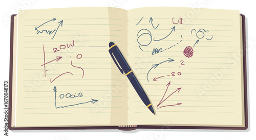 Brainstorming session with strategy diagrams and pen in a notebook creating new ideas for business growth and development