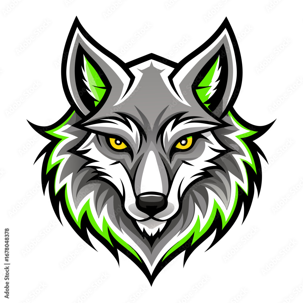 Fototapeta premium Silver Tribal Wolf Head with Neon Green Accents
