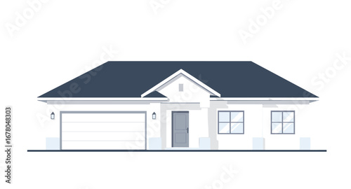 Stunning modern ranch-style home with a sleek dark roof and welcoming entryway, perfect for architectural concepts and real estate.