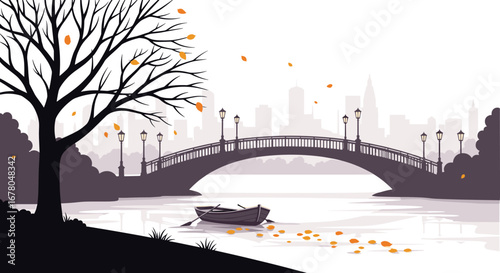 Serene autumn cityscape with a lone rowboat drifting on reflective water beneath a graceful arched bridge adorned with lampposts.