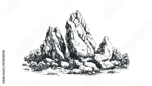 Sketch of jagged rocks with surrounding foliage on a white background. Vector hand drawn illustration