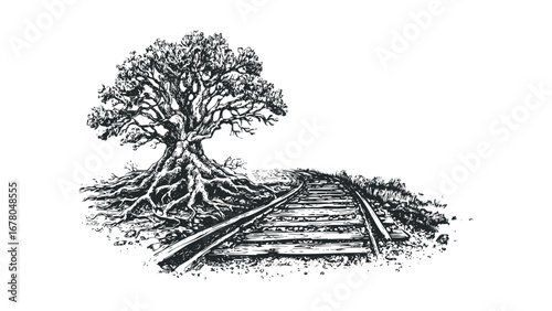 Large tree with exposed roots next to a railroad track. Vector hand drawn illustration