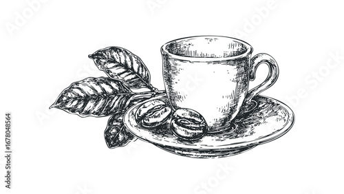 Espresso cup with coffee beans and leaves sketch on white. Vector hand drawn illustration