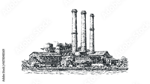 Sketch of an industrial complex with towering smokestacks and factory buildings.. Vector hand drawn illustration