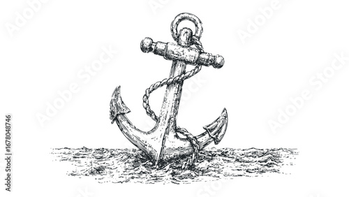 Nautical anchor secured by rope in choppy sea waters sketch. Vector hand drawn illustration