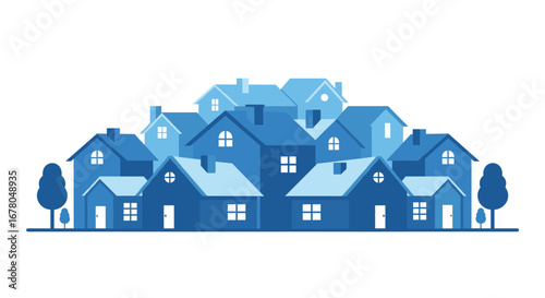 Charming neighborhood scene with diverse blue houses and trees, perfect for real estate or community themes