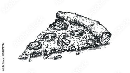 Sketch of a delicious mushroom and pepperoni pizza slice with dripping cheese. Vector hand drawn illustration