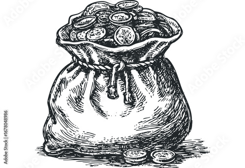 Hand-drawn sketch of a sack overflowing with coins. Vector hand drawn illustration