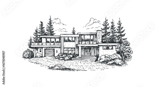 Sketch of a Modern Residential Building with Trees and Rocks. Vector hand drawn illustration
