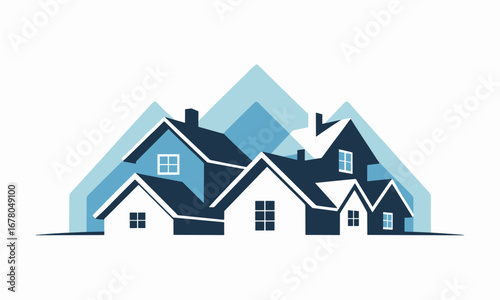 Modern real estate development showcasing sleek homes nestled against a backdrop of stylized blue mountains