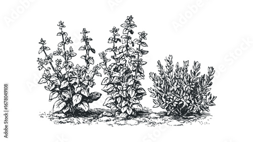 Detailed sketch of aromatic herbs with foliage and small blooms on transparent background. Vector hand drawn illustration