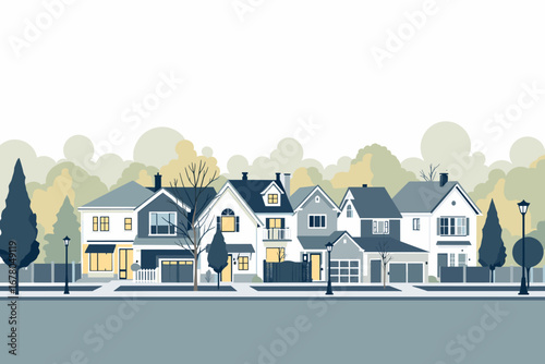 Charming suburban street showcases diverse modern homes with manicured trees and inviting streetlights, perfect for real estate marketing.