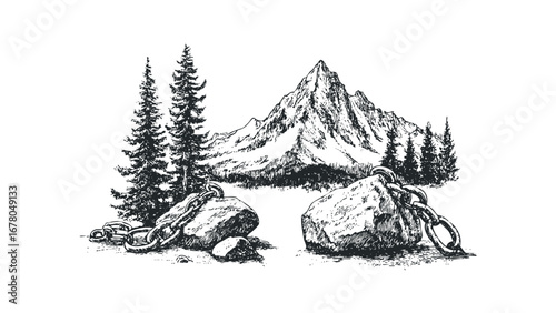 Hand drawn mountain peaks with evergreen trees and rocks chained together. Vector hand drawn illustration