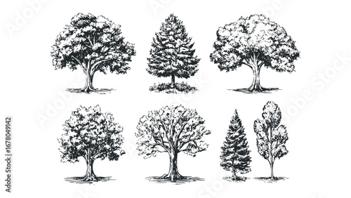 Collection of detailed hand drawn deciduous and coniferous trees. Vector hand drawn illustration