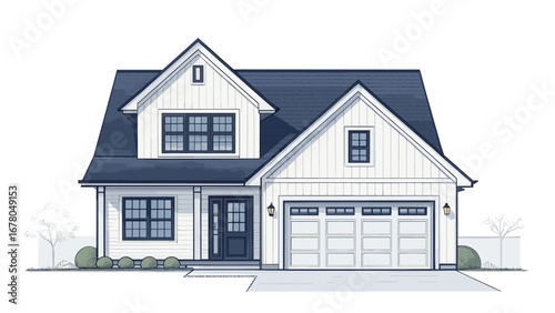Charming modern farmhouse style home with a two car garage and inviting entryway, perfect for architectural inspiration or real estate.