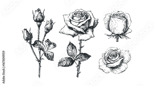 Black and white sketch of roses and buds on a transparent background. Vector hand drawn illustration