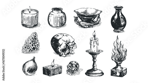 Collection of occult and gothic objects, including skulls and candles. Vector hand drawn illustration