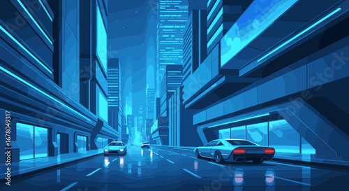 Sleek futuristic cityscape with glowing neon lights and modern cars driving on wet reflective streets