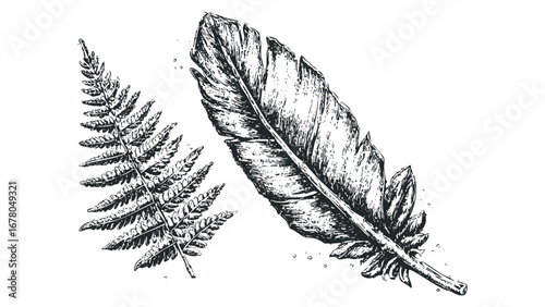 Vintage sketch of a feather and fern frond on a transparent background. Vector hand drawn illustration