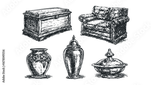 Vintage furniture and antique vases collection black and white sketch. Vector hand drawn illustration