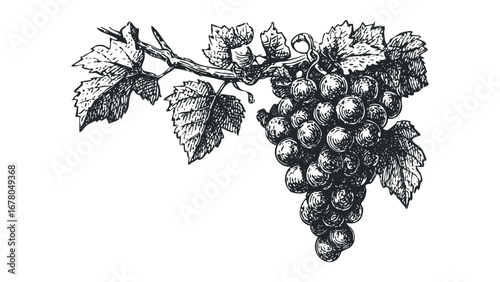 Sketch of a ripe bunch of grapes on a vine with leaves. Vector hand drawn illustration