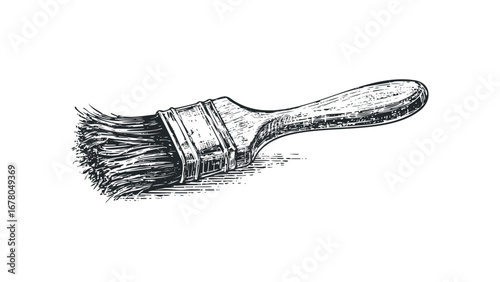 Engraving Style Paint Brush With Wooden Handle on White. Vector hand drawn illustration