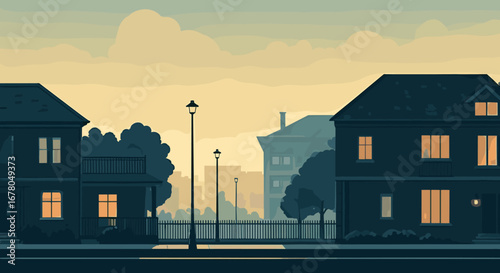 Serene suburban street scene at dusk with warm glowing windows and atmospheric clouds creating a peaceful evening ambiance